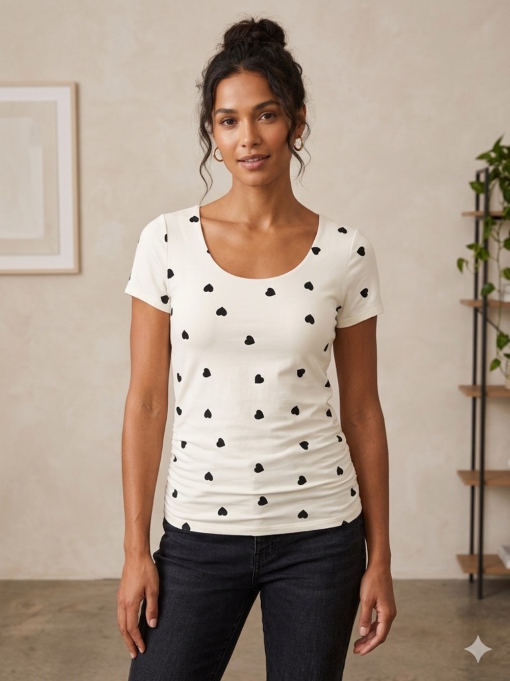 Women’s White Scoop Neck Tee with Black Heart Print